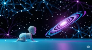 un bebé gateando rumbo a una galaxia